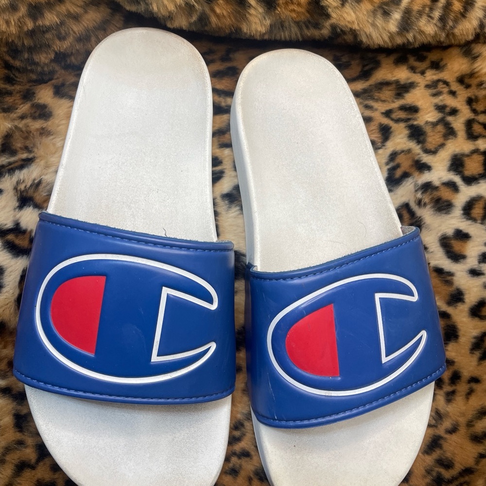 Champion IPO Slides Blue White Size 7 Men / 8.5 Women Logo Sandals